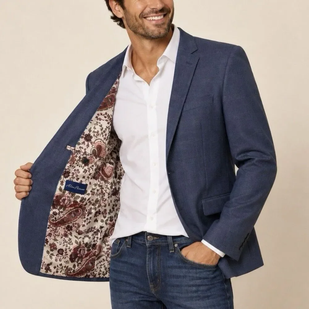 Alan Flusser Mens 48R Blue Plaid Sport Coat Blazer Paisley Lining 2 Button